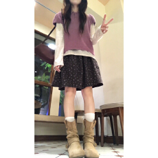 批发韩系减龄POLO领短袖针织衫内搭<b class='q'>打底</b>衫女碎花半身裙套装女秋冬新款