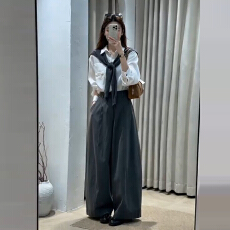 批发韩版学院风减龄穿搭套装<b class='q'>女</b>早秋2026新款披肩长袖衬衫阔腿裤<b class='q'>两件</b>套