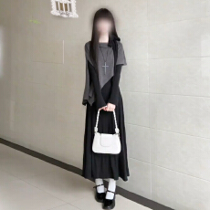 批发韩系淡人高知穿搭一整套装两件2026秋季新款<b class='q'>不规则</b>披肩黑色<b class='q'>连衣裙</b>