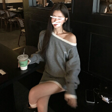 批发韩系慵懒风毛衣套装女秋季斜肩长袖针织衫上衣<b class='q'>包臀</b>半身短裙两件套