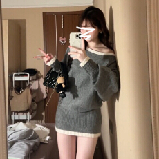 批发韩系慵懒风毛衣套装女秋季斜肩长袖针织衫上衣<b class='q'>包臀</b>半身短裙两件套