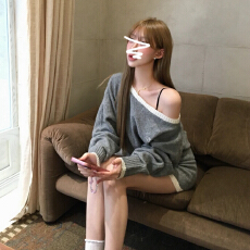 批发韩系慵懒风毛衣套装女秋季斜肩长袖针织衫上衣<b class='q'>包臀</b>半身短裙两件套