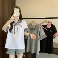 批发大码实拍  2026新款美式复古学院风显瘦娃娃领蝴蝶结短袖套头上衣