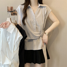 批发大码实拍 2026新款设计感V领<b class='q'>衬衫</b>修身显瘦遮肚不规则系带收腰上衣