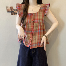 批发大码实拍  2026新款甜美风小飞袖格子宽松无袖百搭背心<b class='q'>衬衫</b>上衣