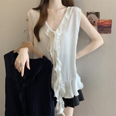 批发<b class='q'>大码</b><b class='q'>实拍</b>  2026新款韩系设计感V领荷叶边绑带显瘦无袖背心上衣
