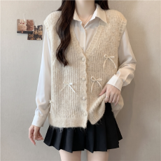 批发大码<b class='q'>实拍</b>  秋季新款韩系甜美风立体蝴蝶结装饰叠穿V领马甲上衣