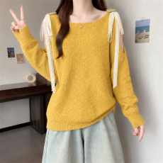 批发大码<b class='q'>实拍</b>  秋季新款设计感镂空露肩蕾丝蝴蝶结系带软糯针织毛衣