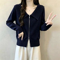 批发<b class='q'>大码</b>实拍  秋季新款韩系翻领简约百搭修身针织拉链开衫毛衣上衣