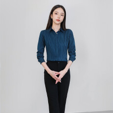 批发职业干练条纹<b class='q'>衬衫</b>上衣女春秋百搭港风名媛修身通勤<b class='q'>OL</b>长袖<b class='q'>衬衣</b>