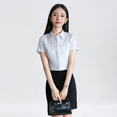 批发职业装条纹衬衫女短袖<b class='q'>夏季</b>气质酒店服务员工装<b class='q'>工作服</b>干练衬衫上衣