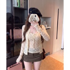 批发玖玖+同款蕾丝+网纱内里+长袖开衫上衣+内搭修身显瘦吊带<b class='q'>背心</b><b class='q'>套</b>装