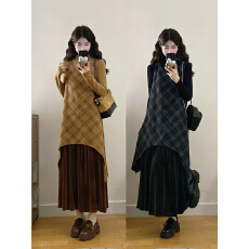 批发实拍 大码高级感毛呢格纹拼接丝绒<b class='q'>连衣裙</b>超好看显瘦冬裙两件套