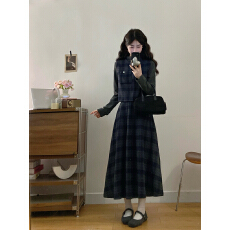 批发实拍 大码高智感格纹秋冬夹棉毛呢套装两面可穿马甲<b class='q'>长裙</b>三件套