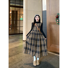 批发实拍 大码女装秋冬复古格纹磨毛连衣裙套装学院风毛呢长裙两件套