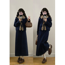 批发实拍~巨好看冬装加厚夹棉毛毛领套装微胖遮肚显瘦棉服保暖两件套