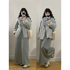 批发实拍 <b class='q'>大码</b>冬款超好看牛角扣羊羔毛麂皮绒外套保暖棉服半身裙套装