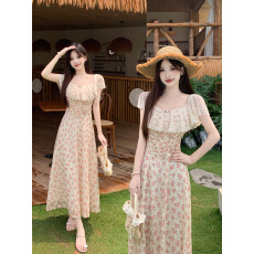 批发实拍 大码女装{泰兰德少女}蕾丝边鱼骨收腰显瘦浪漫成人礼碎花裙