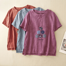 批发实拍2026夏季新款中年妈妈绣花棉麻洋气<b class='q'>中老年</b>人棉短袖t恤女