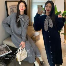 批发大码女装秋冬装新款纯色针织连衣裙简约单排扣中长款长袖毛衣裙