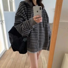 批发大码女装抽绳连帽条纹针织开衫<b class='q'>韩版</b>宽松慵懒风外穿毛衣上衣<b class='q'>外套</b>