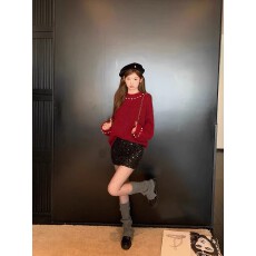 批发大码女装<b class='q'>韩版</b>红色毛衣秋冬新款宽松慵懒风针织衫中长款长袖上衣