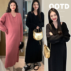 批发大码女装秋冬装新款韩系软糯慵懒风<b class='q'>露肩</b>针织长裙宽松假两件<b class='q'>连衣裙</b>