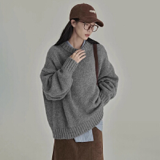 批发<b class='q'>大码</b>女装复古毛衣秋冬季圆领宽松慵懒风外穿内搭打底针织衫上衣