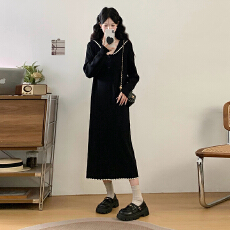 批发实拍大码女装<b class='q'>秋</b>冬新款翻领毛衣花边针织连衣裙慵懒风百搭打底长裙
