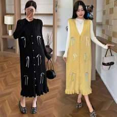 批发大码女装秋冬装新款韩版休闲减龄针织马甲长裙+打底裙子两件套装