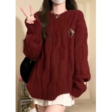 批发大码女装圣诞新年红毛衣秋冬新款宽松麻花针织衫慵懒风加厚上衣