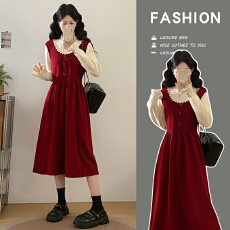 批发实拍大码<b class='q'>女装</b>秋冬新款韩版简约长袖针织裙假两件宽松中长款毛衣