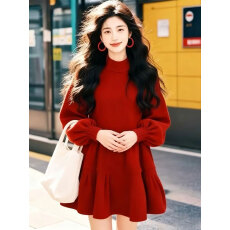 批发<b class='q'>大码</b>女装秋冬新款减龄红色针织连衣裙胖mm气质内搭长袖中长款上衣
