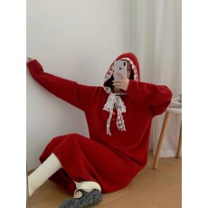 批发<b class='q'>大码</b>女装秋冬款蕾丝系带连帽过膝毛衣裙宽松显瘦减龄长袖针织裙