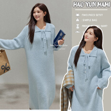 批发大码女装秋<b class='q'>冬</b>新款polo翻领系带显瘦毛衣裙慵懒风长袖简约针织长裙