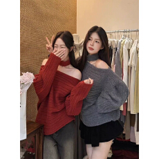 批发大码女装韩版蝙蝠袖一字领脖套毛衣<b class='q'>秋</b>冬气质显瘦百搭针织斜肩上衣