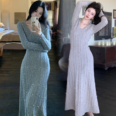 批发大码女装秋冬新款高级设计手工钉珠法式茶歇裙修身百搭打底连衣裙