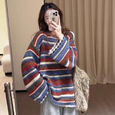 批发大码<b class='q'>女装</b>韩系复古撞色条纹毛衣女秋冬慵懒风宽松软糯针织衫上衣