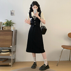 批发实拍大码女装夏季学院风假两件短袖裙子胖mm显瘦夏装针织连衣裙