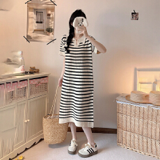 批发实拍大码<b class='q'>女装</b><b class='q'>时尚</b>条纹polo领短袖针织裙夏季宽松显瘦慵懒风连衣裙