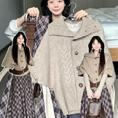 批发大码女装韩系大翻领针织开衫毛衣<b class='q'>外套</b>穿搭中袖短款披肩斗篷上衣