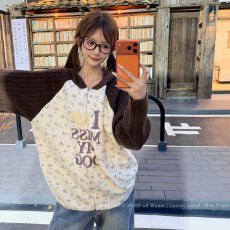批发大码女装复古碎花小狗字母提花连帽针织开衫女坑条插肩拉链外套