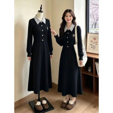 批发<b class='q'>大码</b>女装秋冬新款法式针织长袖连衣裙拼接假两件收腰修身毛衣长裙