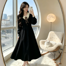 批发<b class='q'>大码</b>女装秋冬新款翻领针织连衣裙时尚毛衣裙收腰显瘦中长款长裙