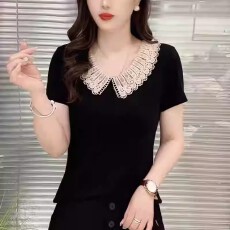 批发大码蕾丝娃娃领螺纹棉短袖T恤女<b class='q'>夏</b>季新款洋气遮肚显瘦气质上衣潮