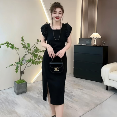 批发胖mm法式气质连衣裙女夏季高级感收腰显瘦开叉中长款泡泡袖裙子潮