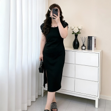 批发胖mm夏季新款气质方领泡泡袖法式高级开叉连衣裙女时尚遮肚显瘦裙