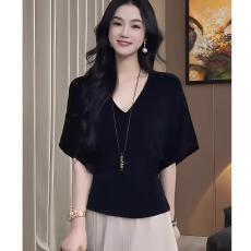 批发胖mm短袖v领t恤女2026年夏季新款大码宽松遮肚显瘦收腰蝙蝠袖上衣