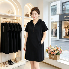 批发大码夏季<b class='q'>黑色</b>拉链短袖连衣裙女小个子宽松显瘦遮肚通勤风减龄<b class='q'>短裙</b>