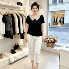 批发胖mm夏季新款花边领拼接短袖螺纹棉T恤女大码宽松遮肉显瘦上衣潮